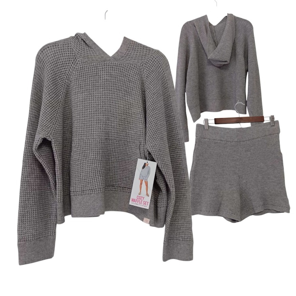 Celebrity Pink Cozy Waffle Set Gray L Hoodie Pullover + Shorts Lounge